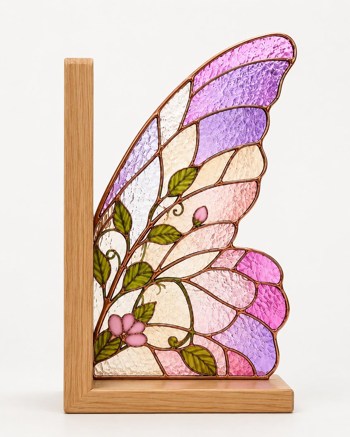 Pink Butterfly Wing stained glass bookend set in a styled home interior
