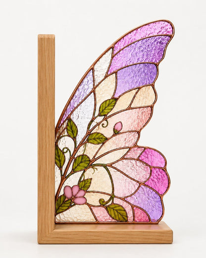 Pink Butterfly Wing stained glass bookend set in a styled home interior