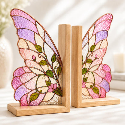 Detail view of the pink butterfly wing stained glass artwork