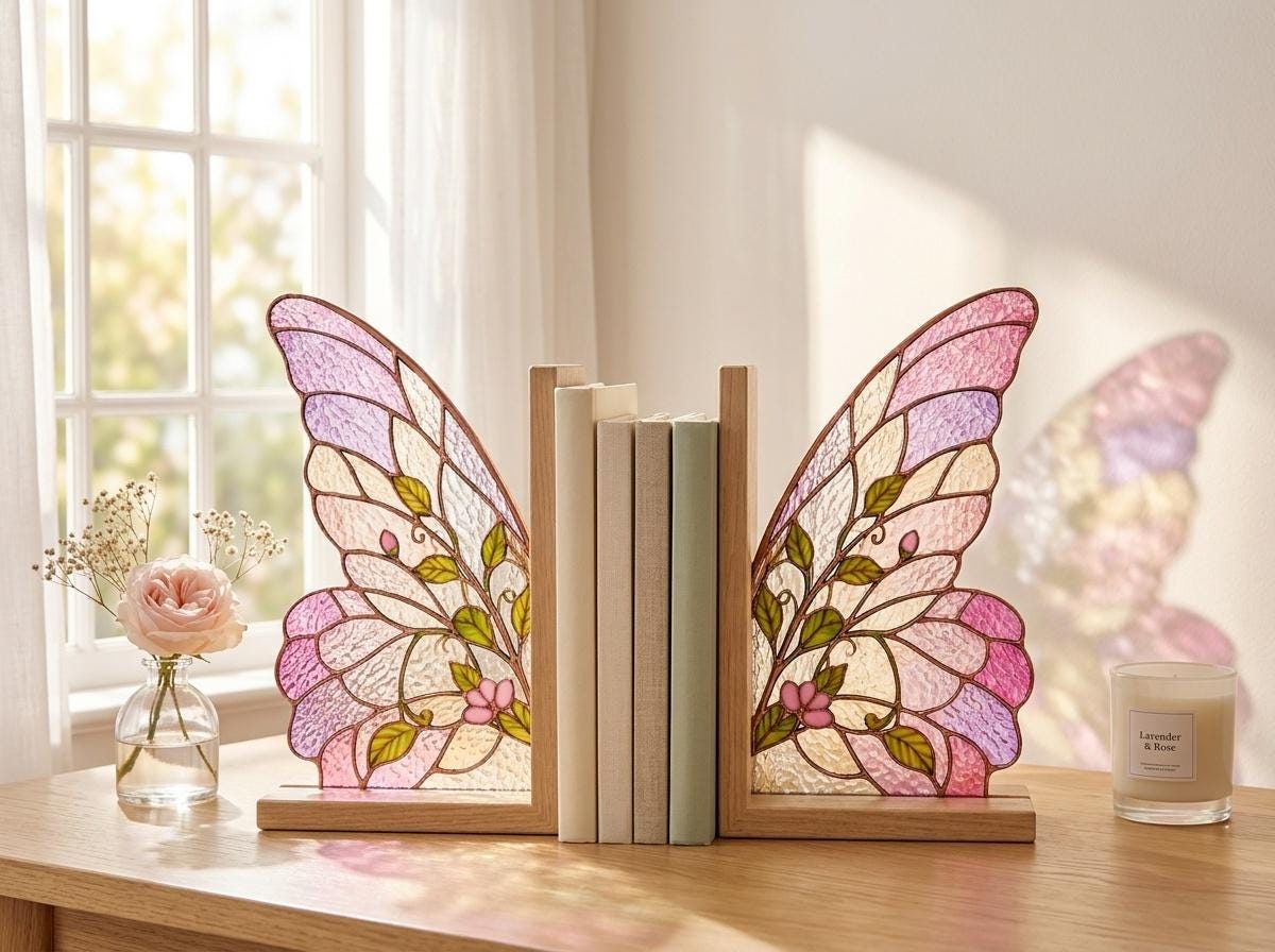 Angled view of the pink butterfly wing glass artwork