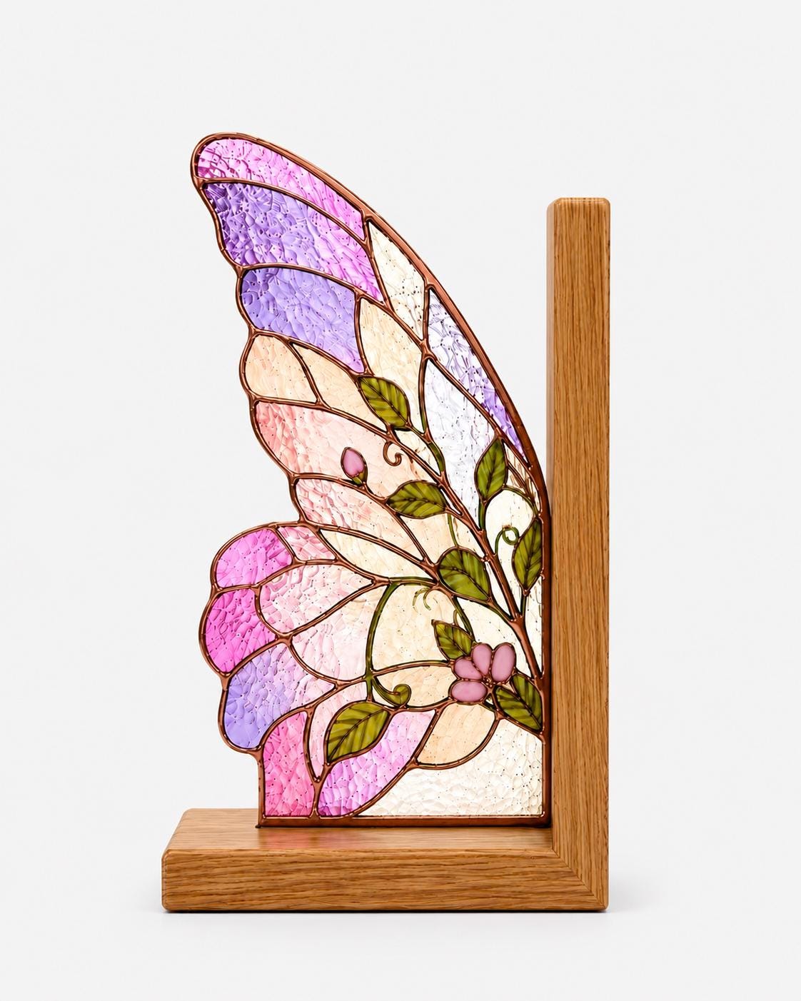 Pink Butterfly Wing Stained Glass Bookends with Wood Bases displayed in natural light