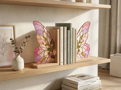 Pink Butterfly Wing Stained Glass Bookends with Wood Bases displayed in natural light