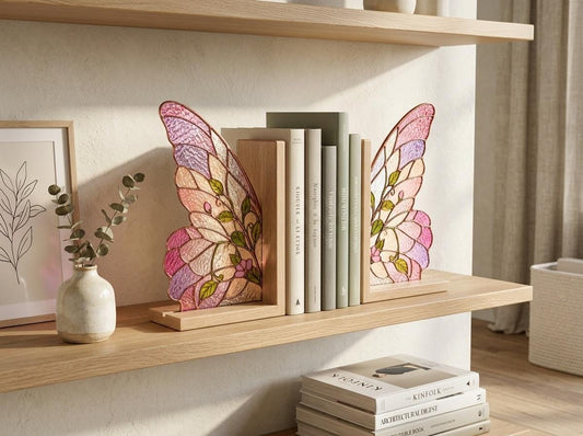Pink Butterfly Wing Stained Glass Bookends with Wood Bases displayed in natural light