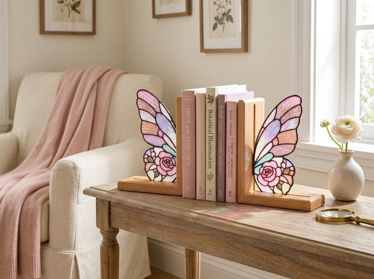 Front view of the pink floral butterfly stained glass bookend set