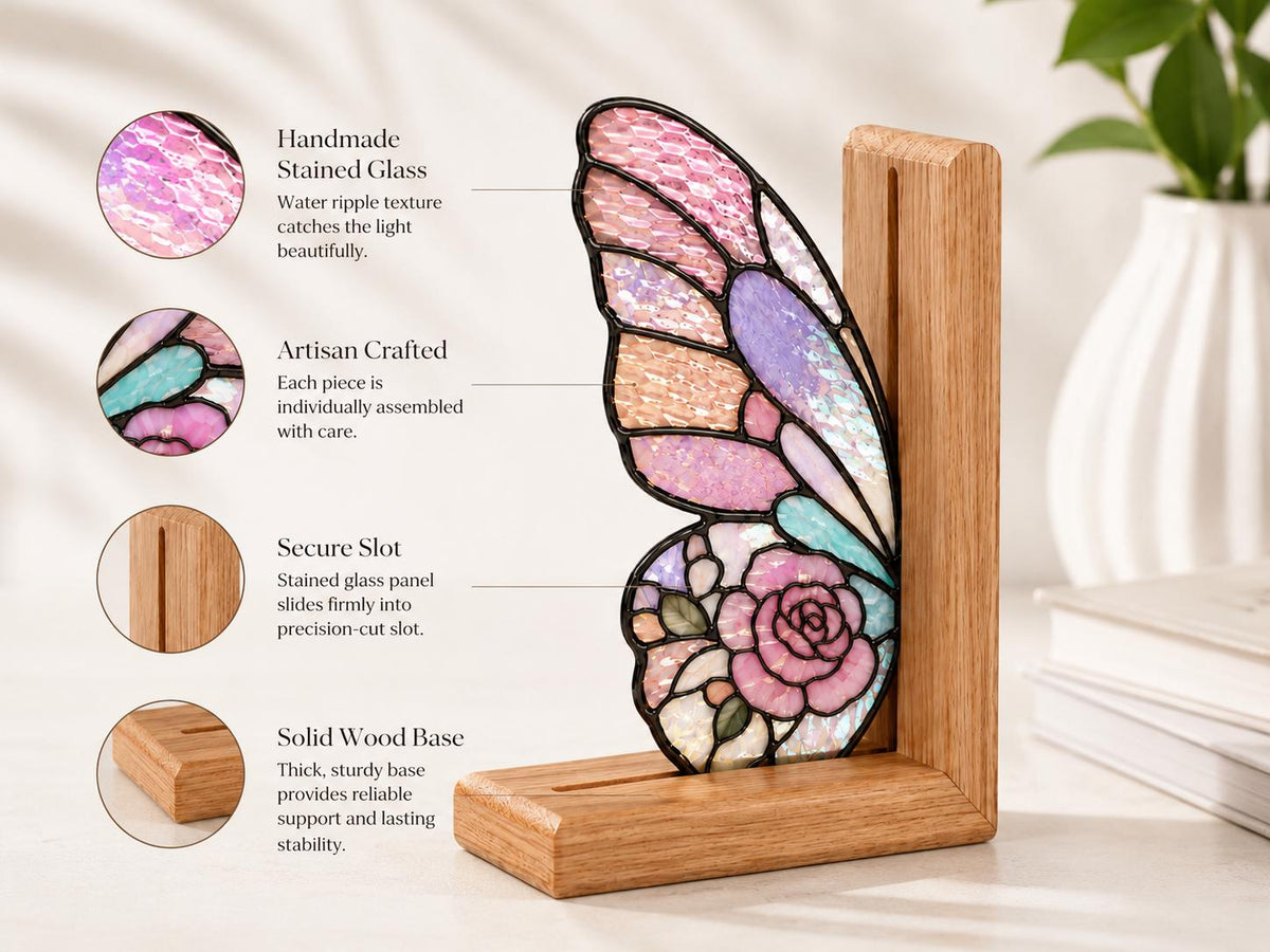 Pink Floral Butterfly glass bookend set near a bright window