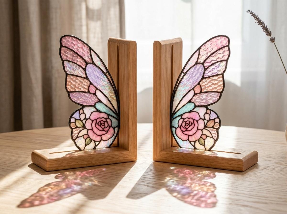 Detail view of the pink floral butterfly stained glass artwork