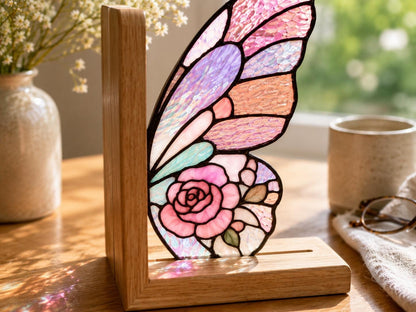 Pink Floral Butterfly bookend set arranged for indoor display