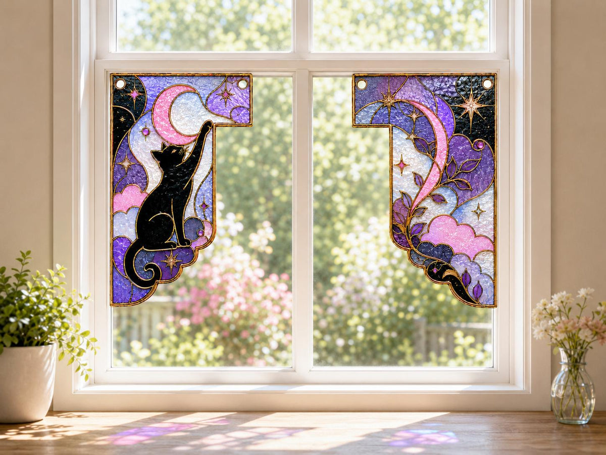 Black Cat Moon Stained Glass Window Corner Suncatcher Set displayed in natural light