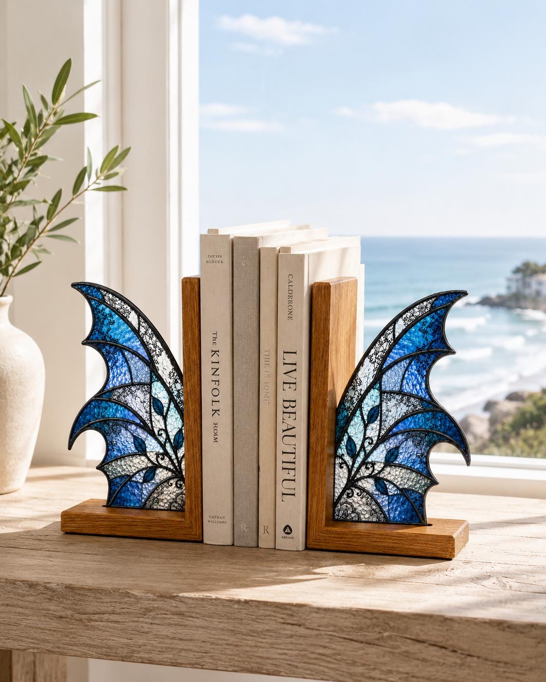 Blue Butterfly stained glass bookend set in a styled home interior