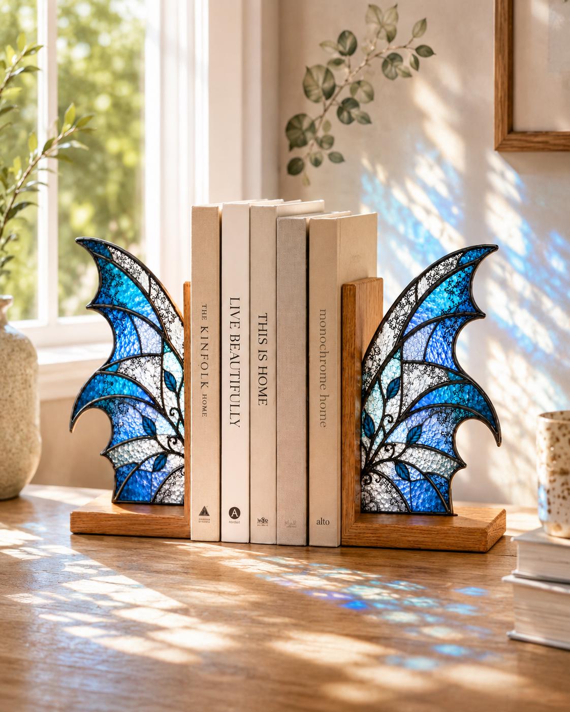 Blue Butterfly Stained Glass Bookends with Wood Bases displayed in natural light