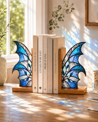 Blue Butterfly Stained Glass Bookends with Wood Bases displayed in natural light