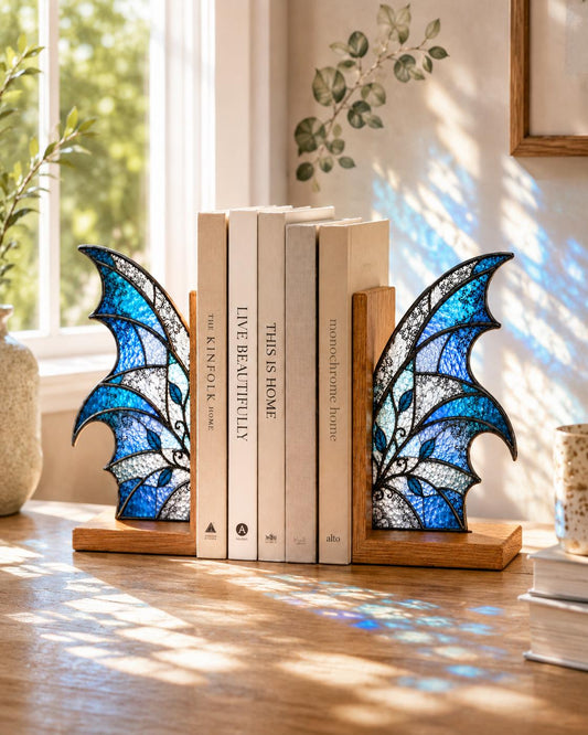 Blue Butterfly Stained Glass Bookends with Wood Bases displayed in natural light