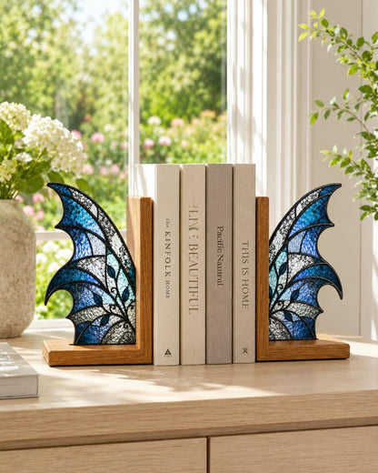 Angled view of the blue butterfly glass artwork