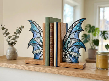 Front view of the blue butterfly stained glass bookend set