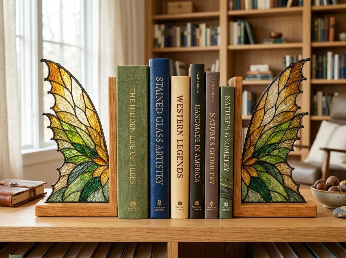 Golden Wing glass bookend set near a bright window