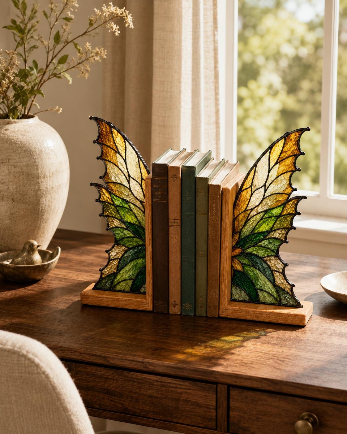 Close view showing color and texture in the golden wing design
