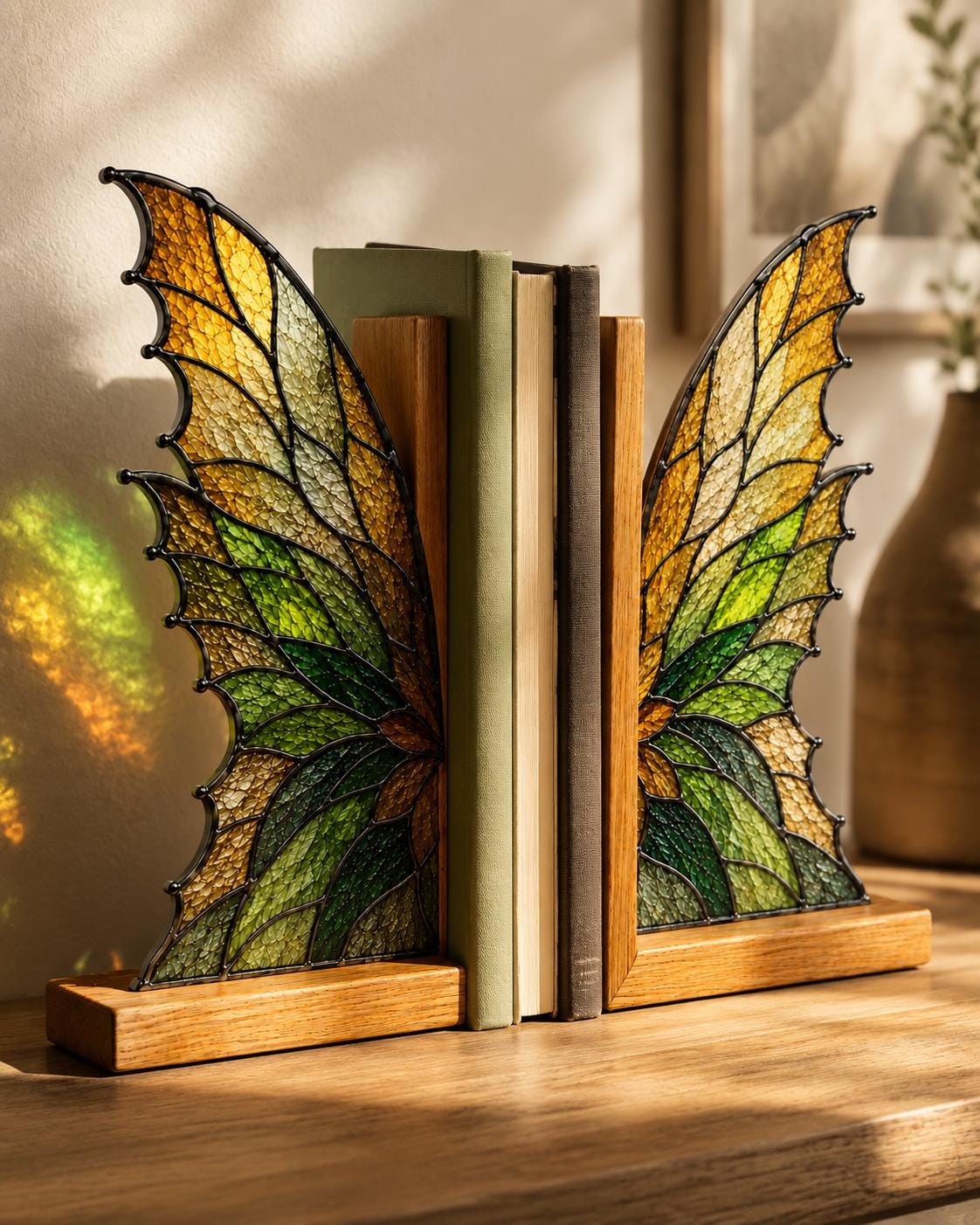 Angled view of the golden wing glass artwork