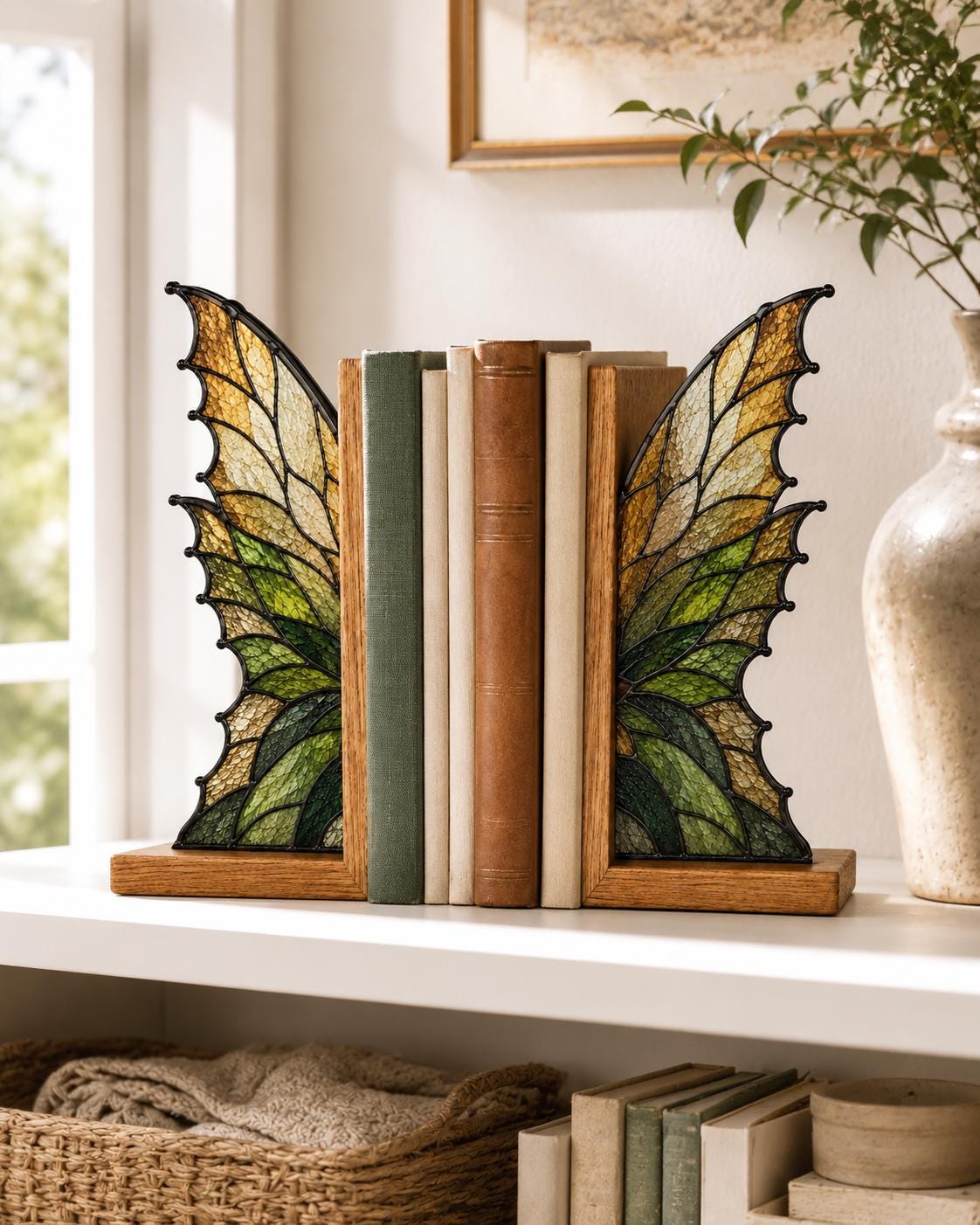 Golden Wing Stained Glass Bookends with Wood Bases displayed in natural light