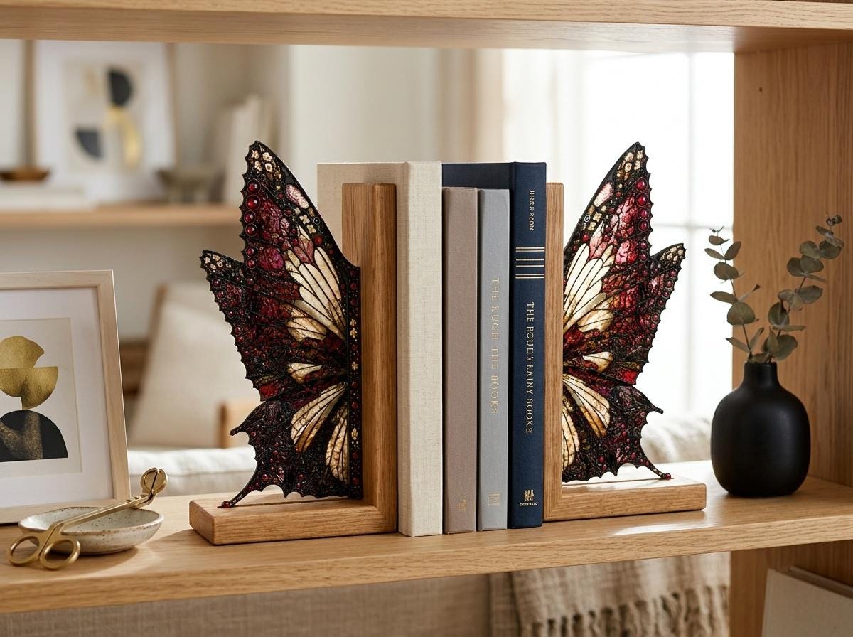 Angled view of the gothic butterfly glass artwork