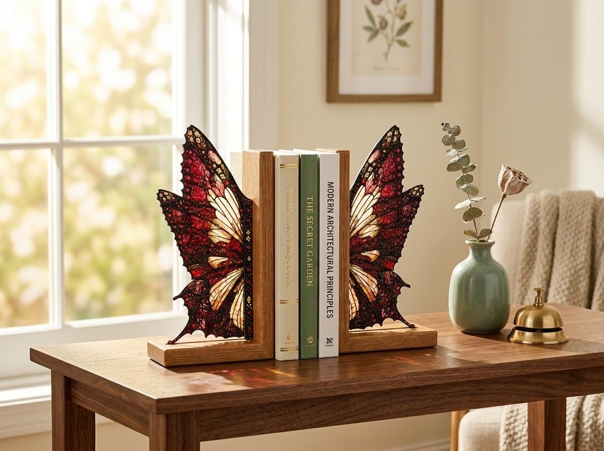 Front view of the gothic butterfly stained glass bookend set