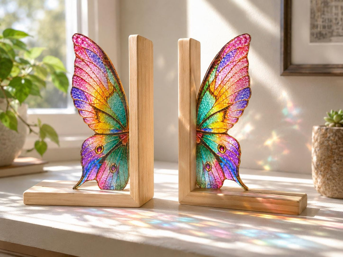 Separated butterfly bookends showing the mirrored wing design and wood bases