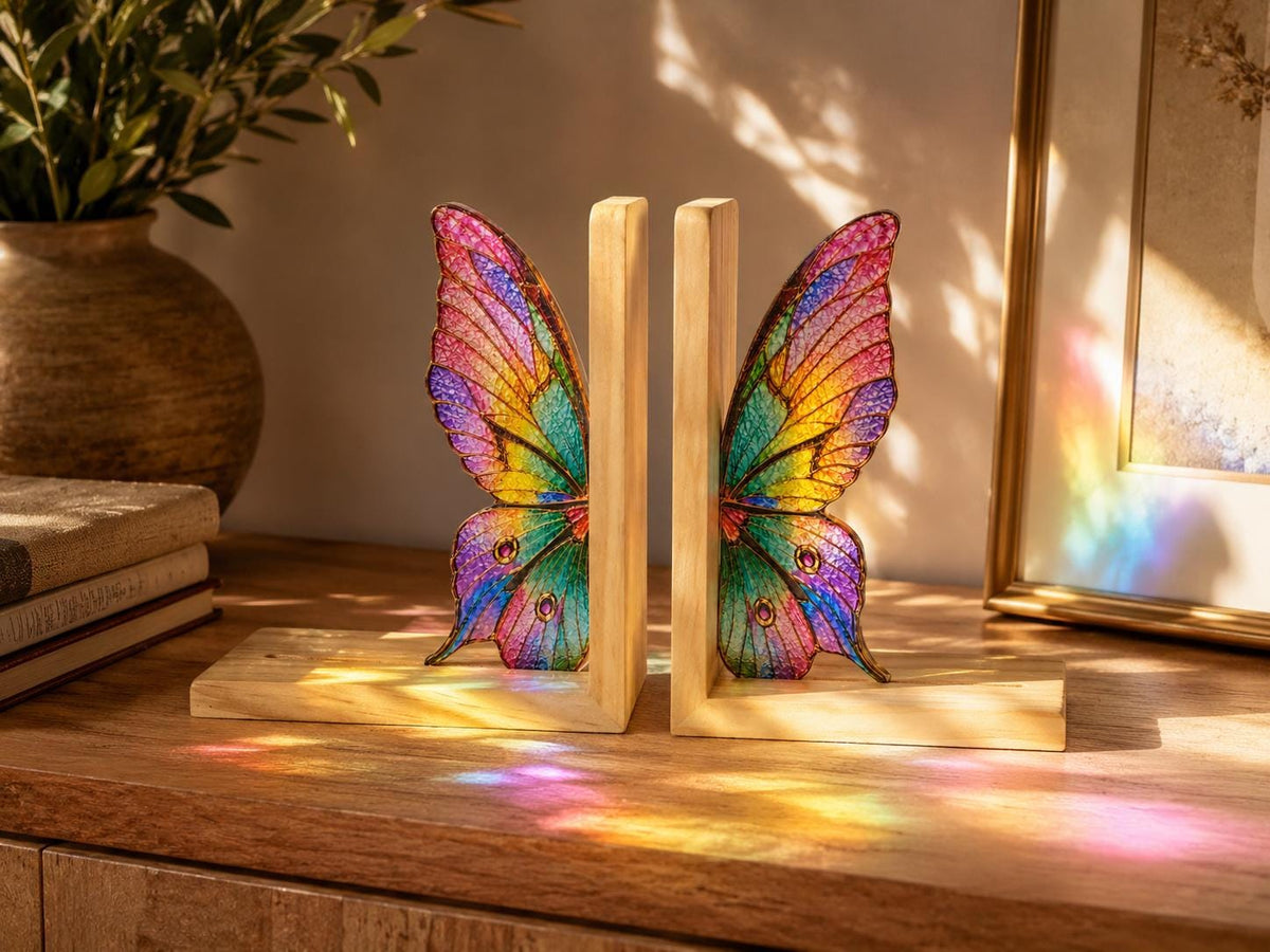 Butterfly wing glass bookends glowing in warm afternoon sunlight
