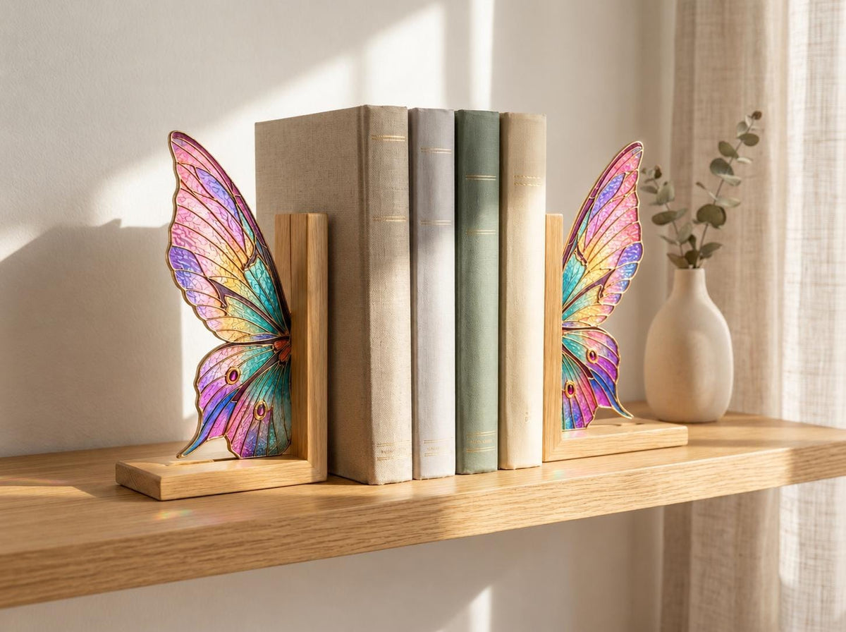 Rainbow butterfly stained glass bookends holding neutral books on a sunlit wood shelf