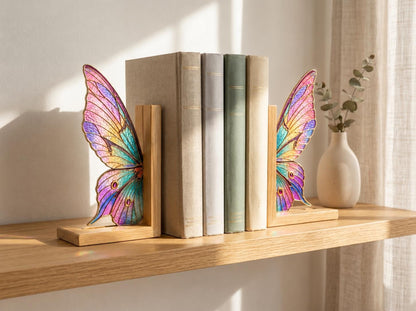 Rainbow butterfly stained glass bookends holding neutral books on a sunlit wood shelf