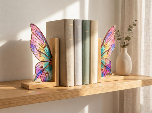 Rainbow butterfly stained glass bookends holding neutral books on a sunlit wood shelf
