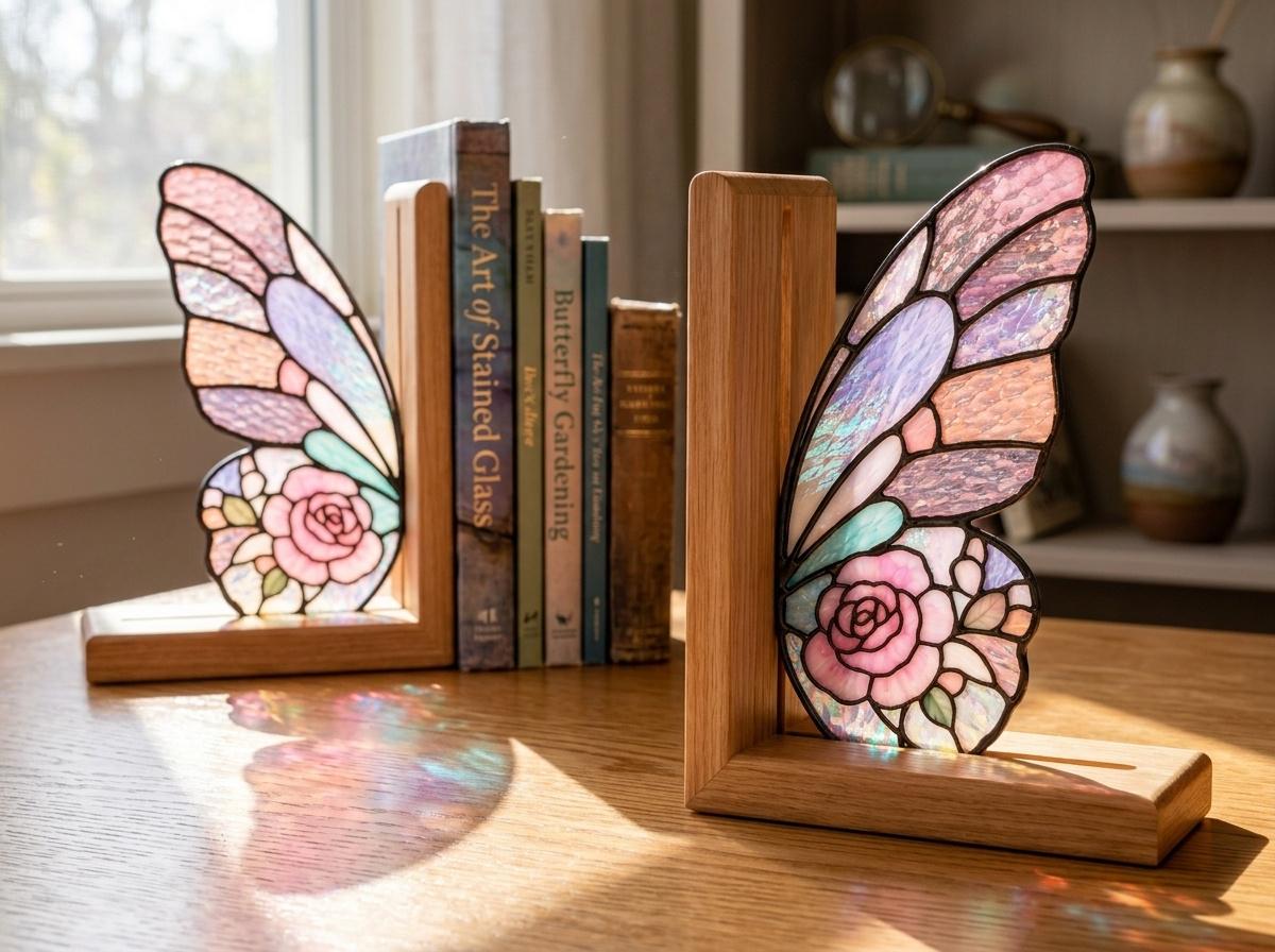 Angled view of the pink floral butterfly glass artwork