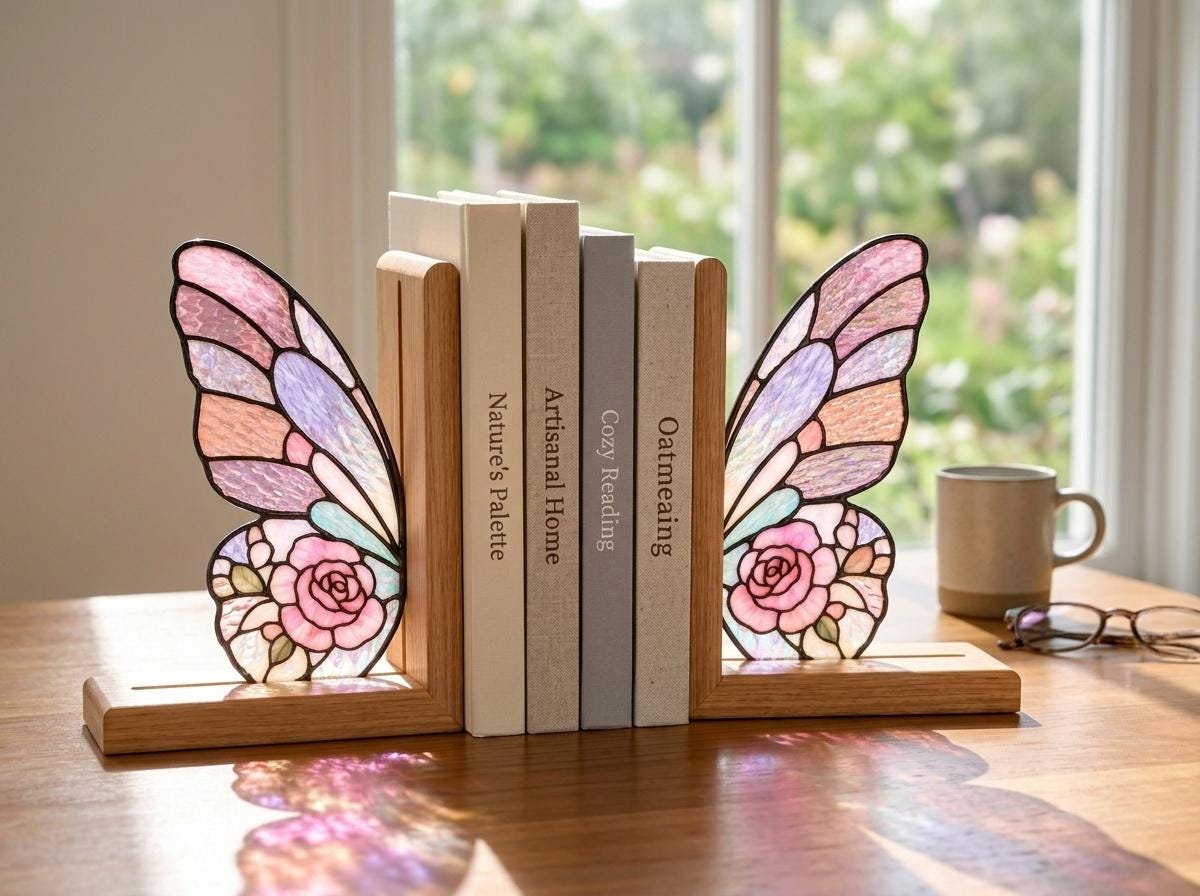 Pink Floral Butterfly Stained Glass Bookends with Wood Bases