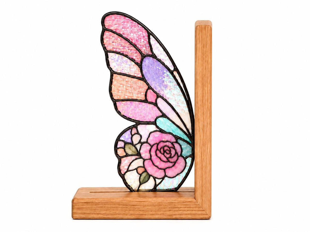 Scale or packaging view for the pink floral butterfly bookend set