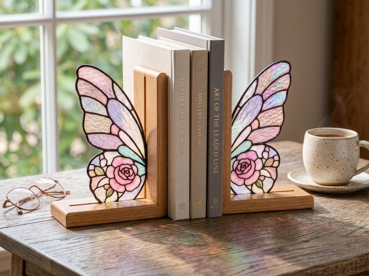 Close view showing color and texture in the pink floral butterfly design