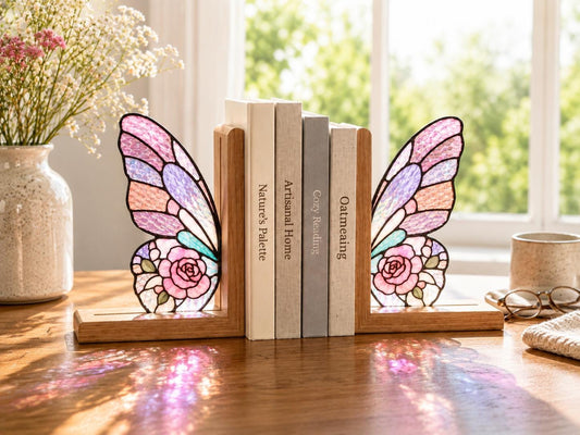 Pink Floral Butterfly Stained Glass Bookends with Wood Bases displayed in natural light