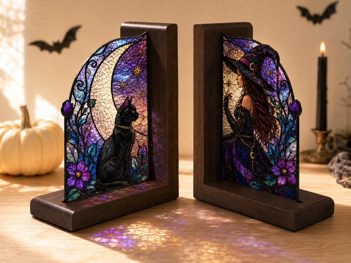 Witch and Black Cat bookend set arranged for indoor display