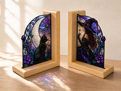 Witch and Black Cat stained glass bookend set in a styled home interior