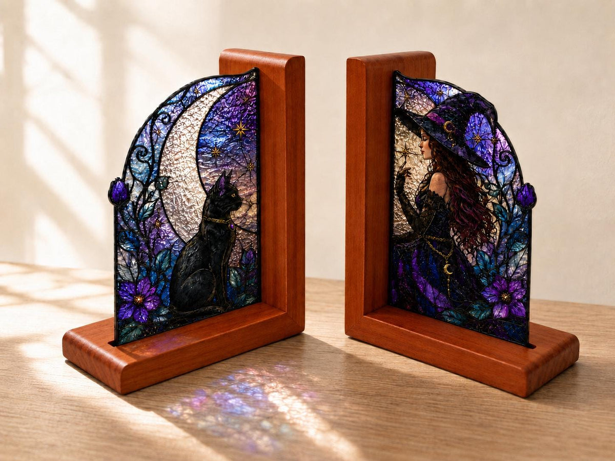 Witch and Black Cat Stained Glass Bookends with Wood Bases displayed in natural light