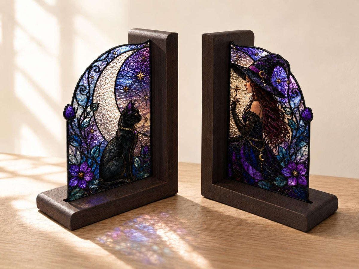 Scale or packaging view for the witch and black cat bookend set