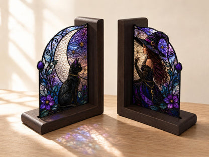 Scale or packaging view for the witch and black cat bookend set