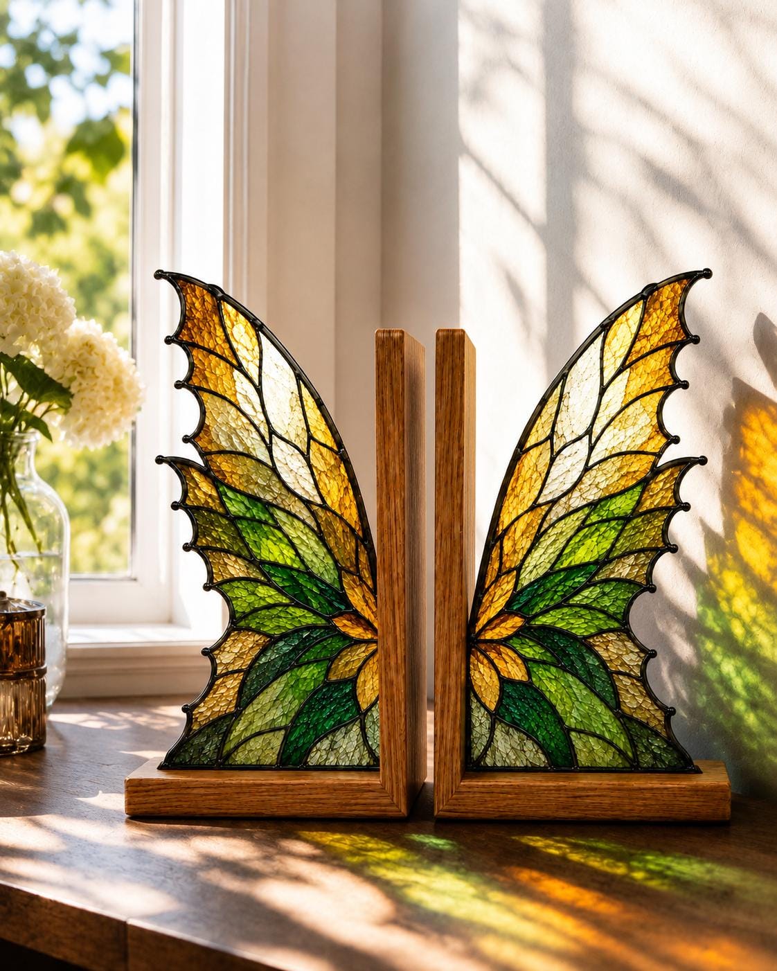 Golden Wing stained glass bookend set in a styled home interior