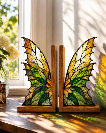 Golden Wing stained glass bookend set in a styled home interior