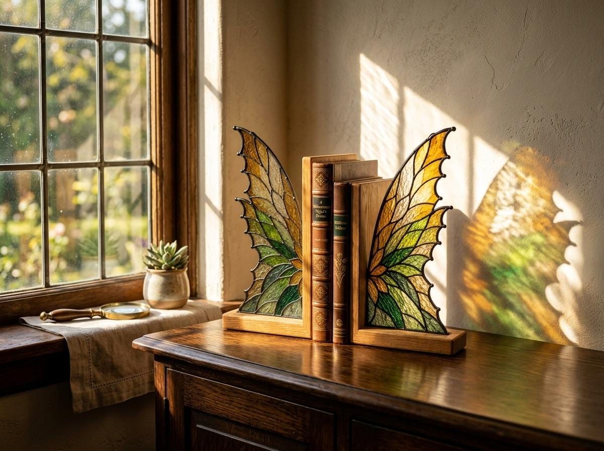 Detail view of the golden wing stained glass artwork