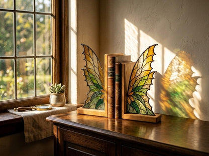 Detail view of the golden wing stained glass artwork