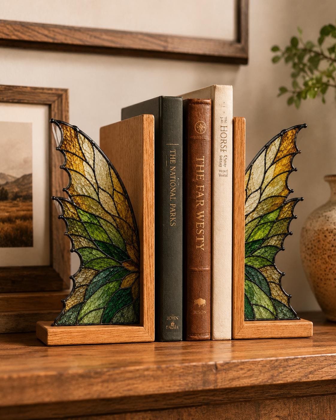 Front view of the golden wing stained glass bookend set