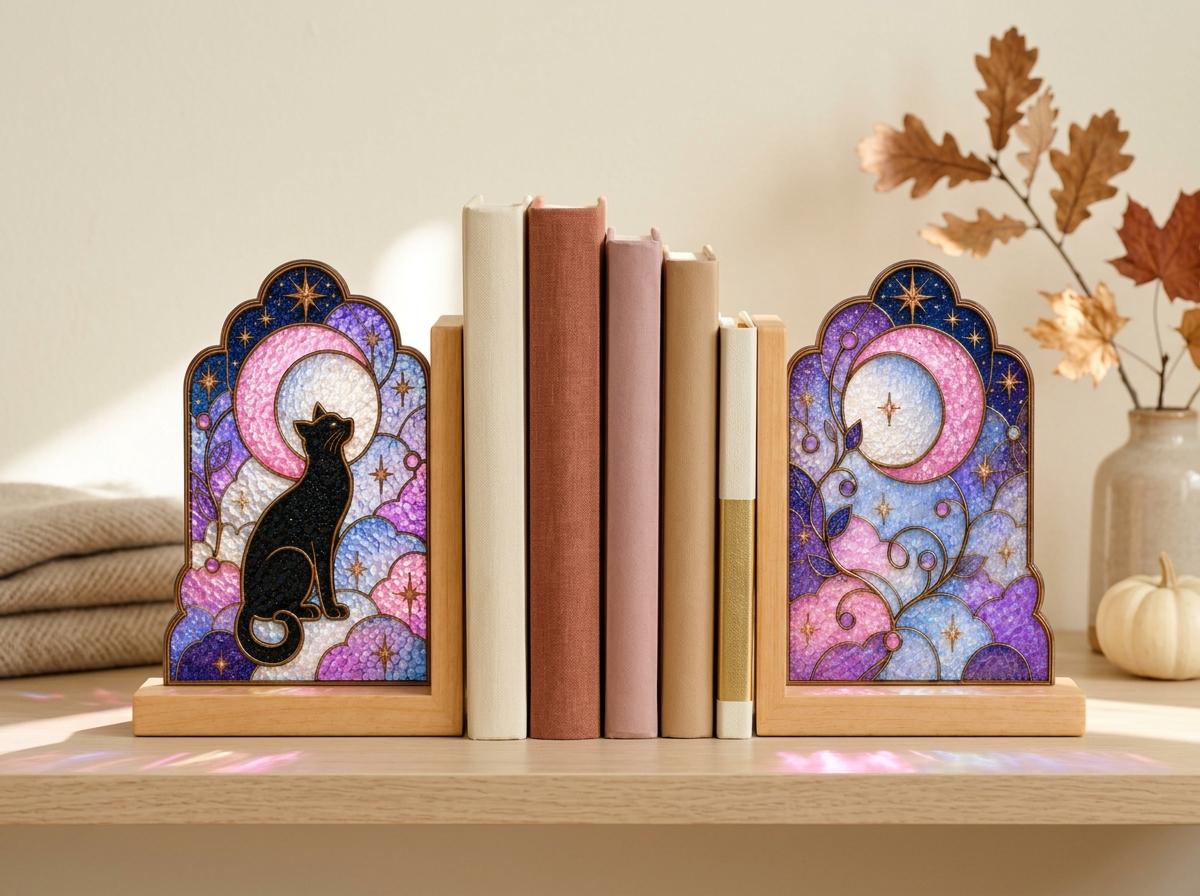 Black Cat Stained Glass Bookends with Wood Bases displayed in natural light