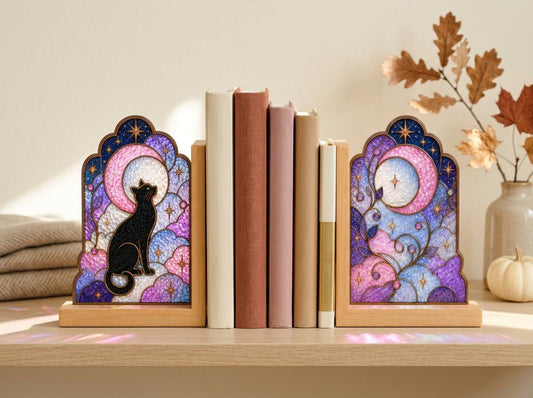 Black Cat Stained Glass Bookends with Wood Bases displayed in natural light