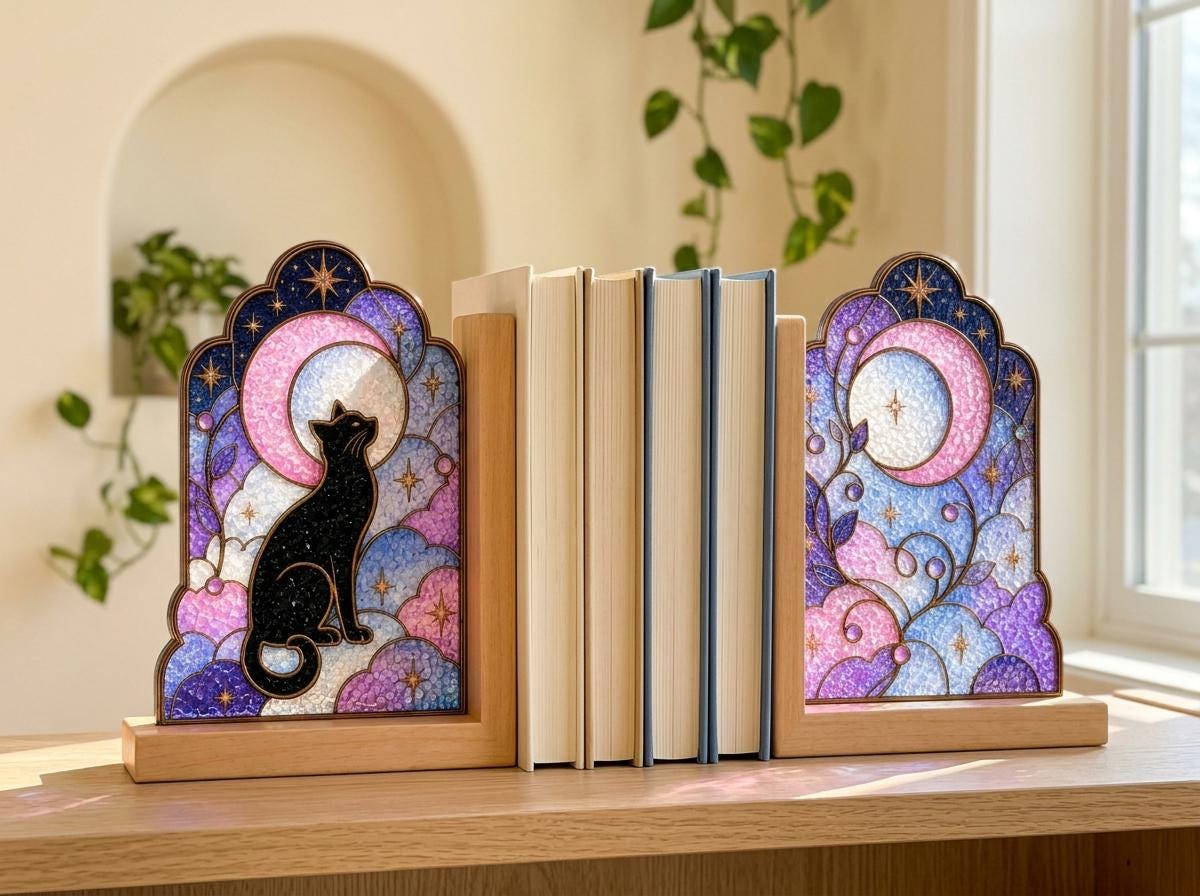 Black Cat stained glass bookend set in a styled home interior