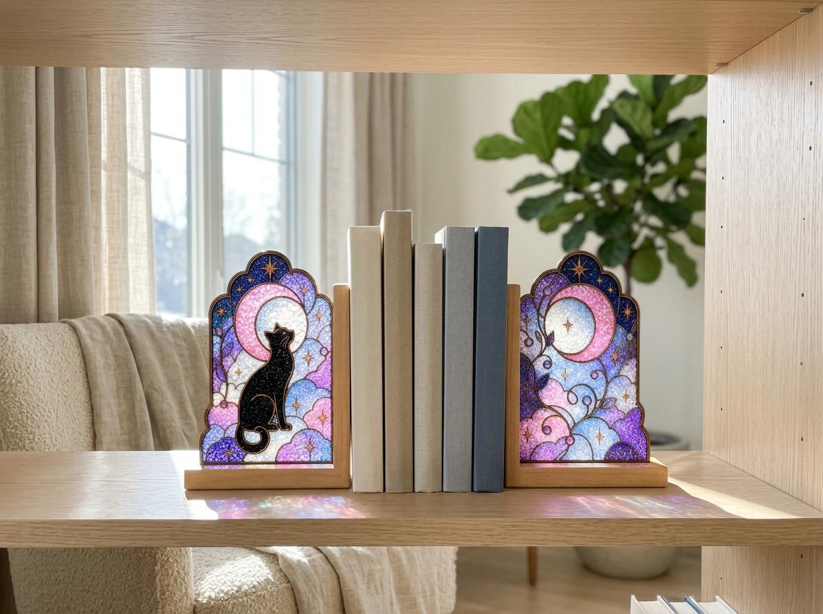Front view of the black cat stained glass bookend set