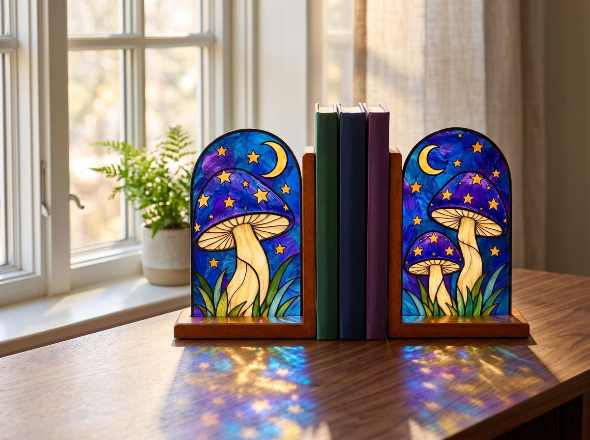 Mushroom stained glass bookend set in a styled home interior