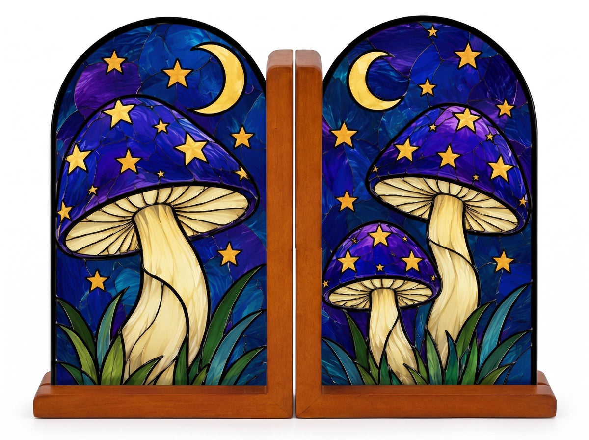 Mushroom Stained Glass Bookends with Wood Bases displayed in natural light